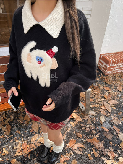 Cute Monkey Pattern Navy Blue Polo Collar Sweater