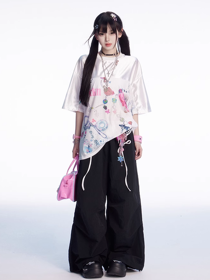 Weißes, lockeres T-Shirt mit Rundhalsausschnitt und Cartoon-Print