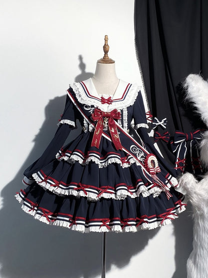 Lolita-Kleid, kurz, abnehmbar, Marineblau, mit Ärmeln, blau, Sommer-Matrosenkragen