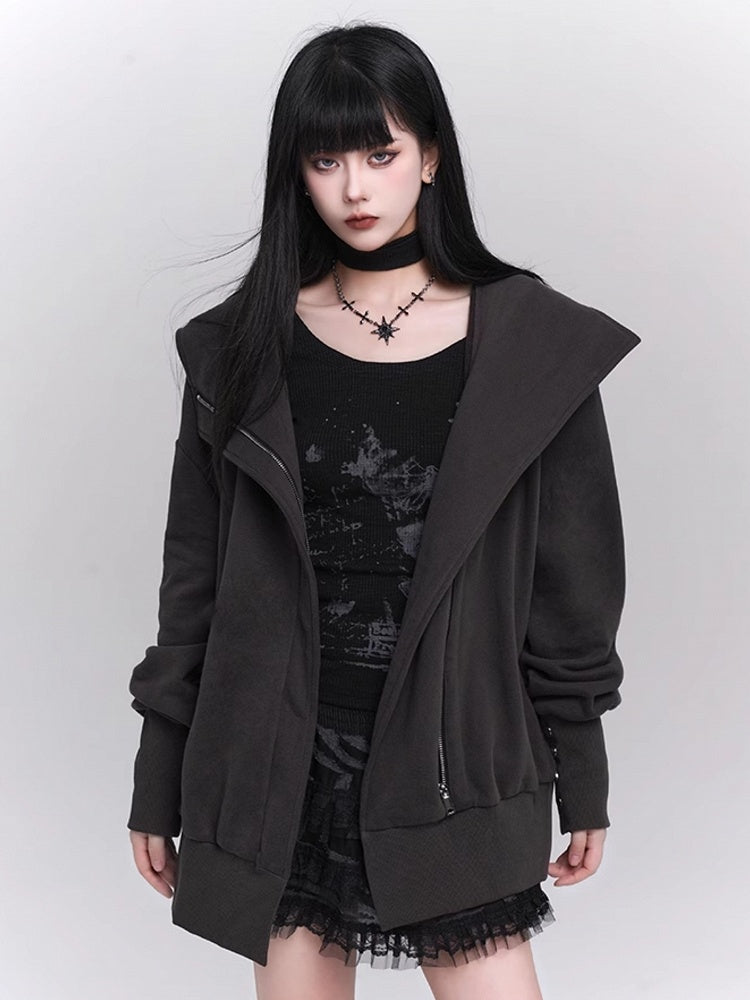 with Gothic Dark Ribbed Front Details Zip-Up Gray Fleece-Lined Jacket Hooded