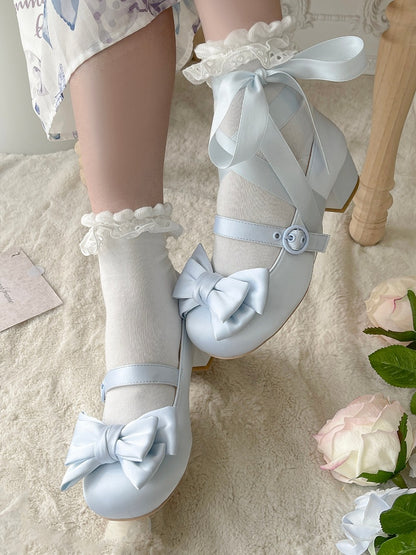 Toe Blue Ankle Mid-heel Round Top Janes Bow - at Mary Lace-up