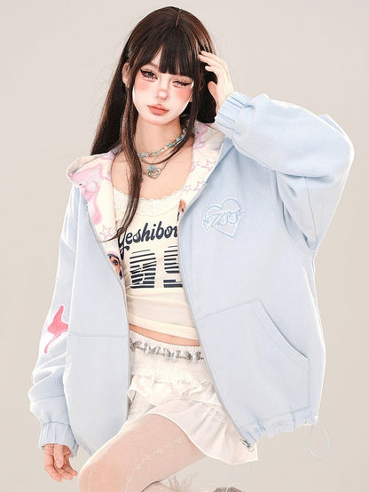 Blue Cute Puppies Pattern Reversible Zip Hoodie