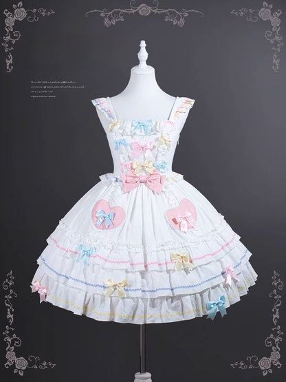 Macaron Farbe Bowknots Weiß JSK Ärmeln Tiered Sweet Lolita Kleid Flatterrock