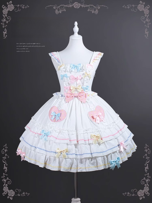 Macaron Farbe Bowknots Weiß JSK Ärmeln Tiered Sweet Lolita Kleid Flatterrock