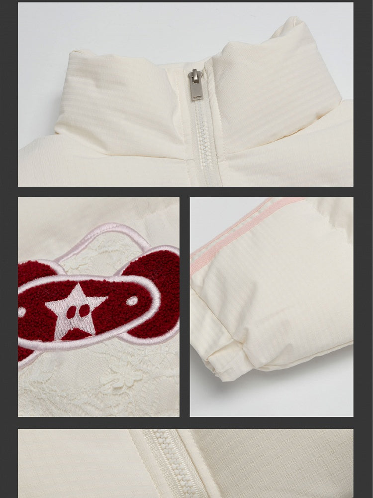 Black/White Kitty Lace Applique Puffer Jacket Bowknot Details
