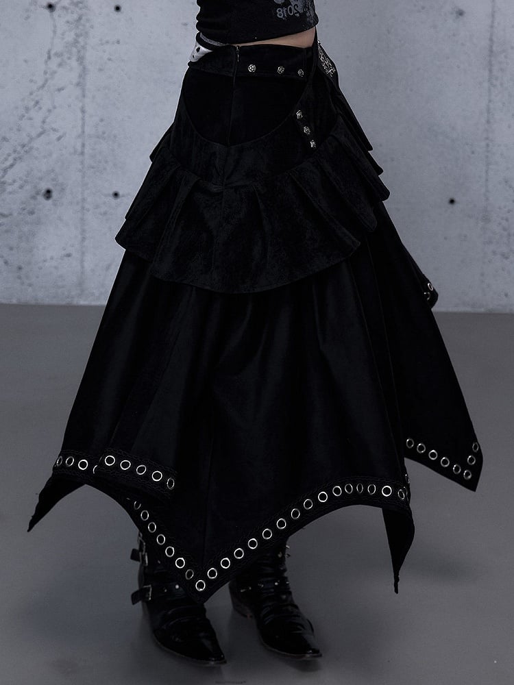 Black Asymmetrical Zipper Side Stud Skirt with 2-Way Grommet Rock Punk Accents Closure Tiered