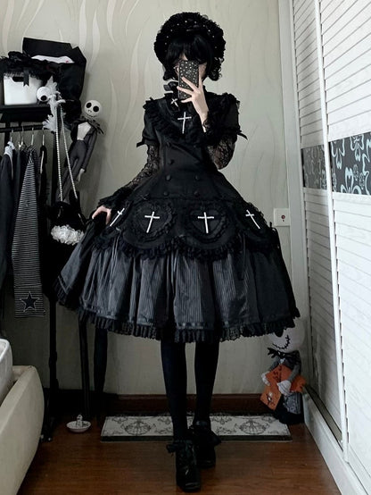 Decoration Ruffle Cross Beaded Lolita Hem Detail with Dress Lace Black and Gothic