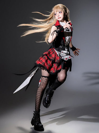 Plaid Lolita Skirt in Red and Black with Lace Details - Xiong Dou Jiang