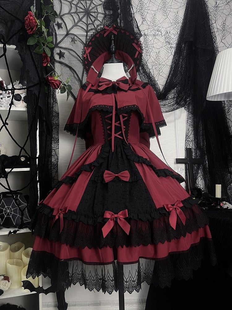 Rot-schwarzes Old School Lolita Fashion Kleid Bowknot JSK Set