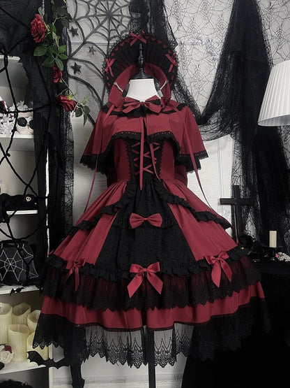Rot-schwarzes Old School Lolita Fashion Kleid Bowknot JSK Set