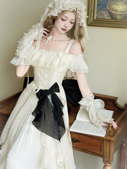 Decorated Bead Chain Bow Black and Rose Brooch