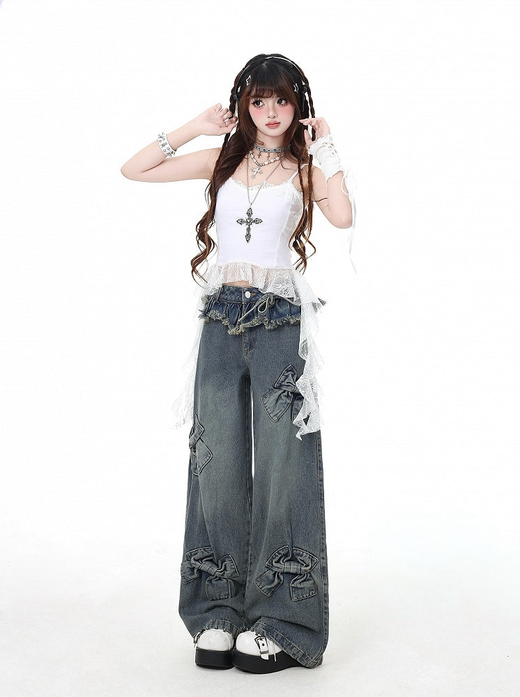 Hem Blue Big Bows Raw Wide-Leg Jeans