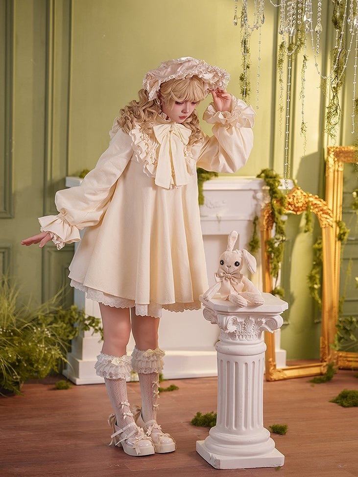 Beige Ärmel Rüschen Langes Kleid Baumwolle Schleife Süß Großer Hoher Lolita Hals