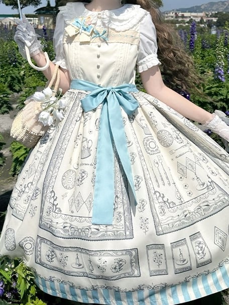 Classic Square Elegant Neckline Apricot Lolita with Print Dress