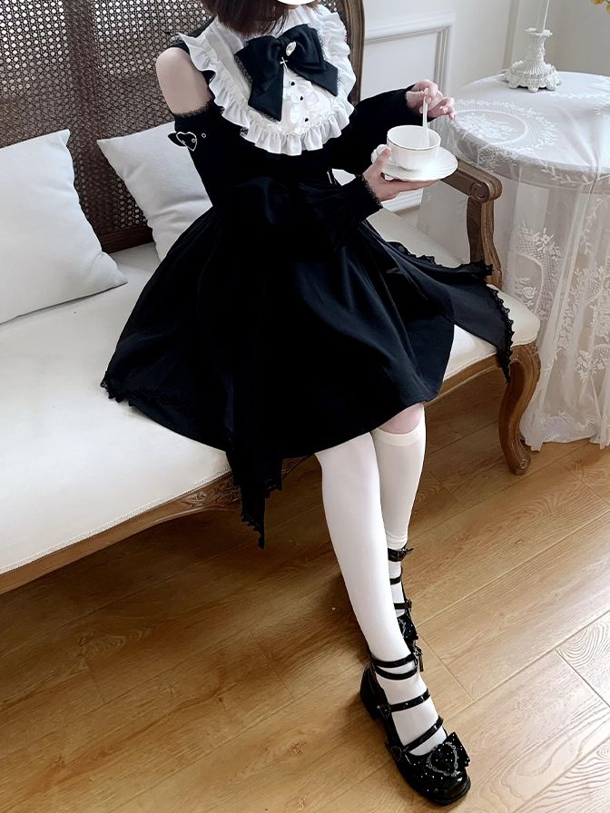 Dress Open Shoulder with Adjustable Heart Buckles and Handkerchief Hem and Jirai Kei Black White