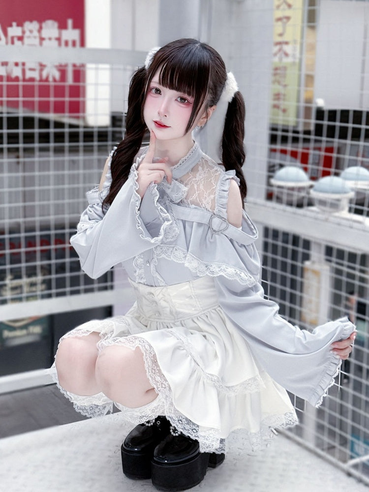 Three-Piece Sleeve Jirai Blouse Flared Blue Kei Set: Cutout Shoulder