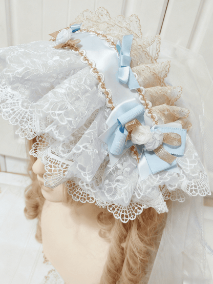 Multi-Layer Blue-White Hairband Lace Gorgeous Lolita Gold-Accented Light
