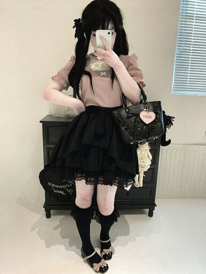 Blue/White/Black Plaid Tulle Skirt with Sash & Lace - Kitty Bxllet