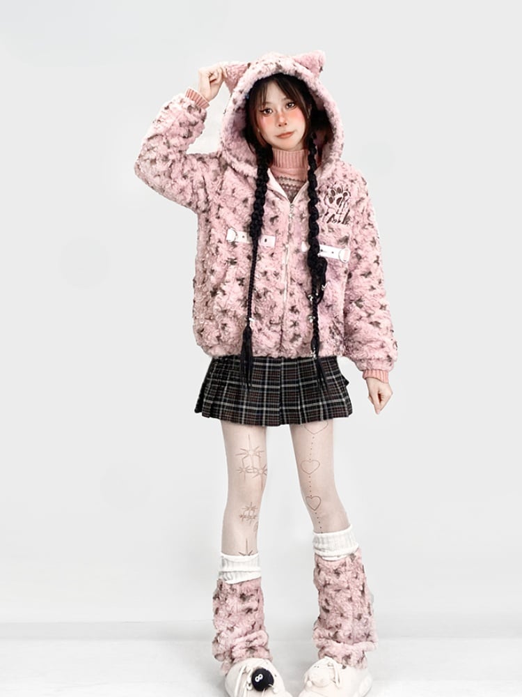 Jambières d'hiver en peluche léopard rose avec oreilles mignonnes