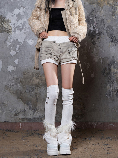 Leg Faux Fur Punk Knit Trim Brown Beige with Buttons Warmers