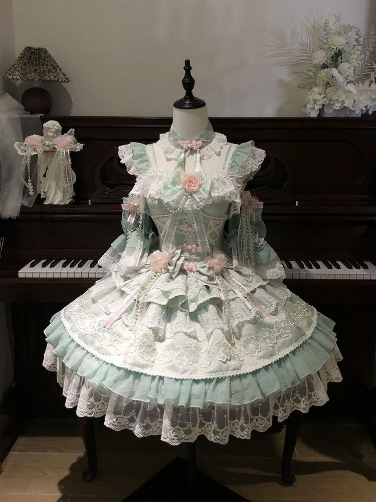Frog Corset Chinoiserie Button Waist Layered Flower Bows Green Lolita with Dress