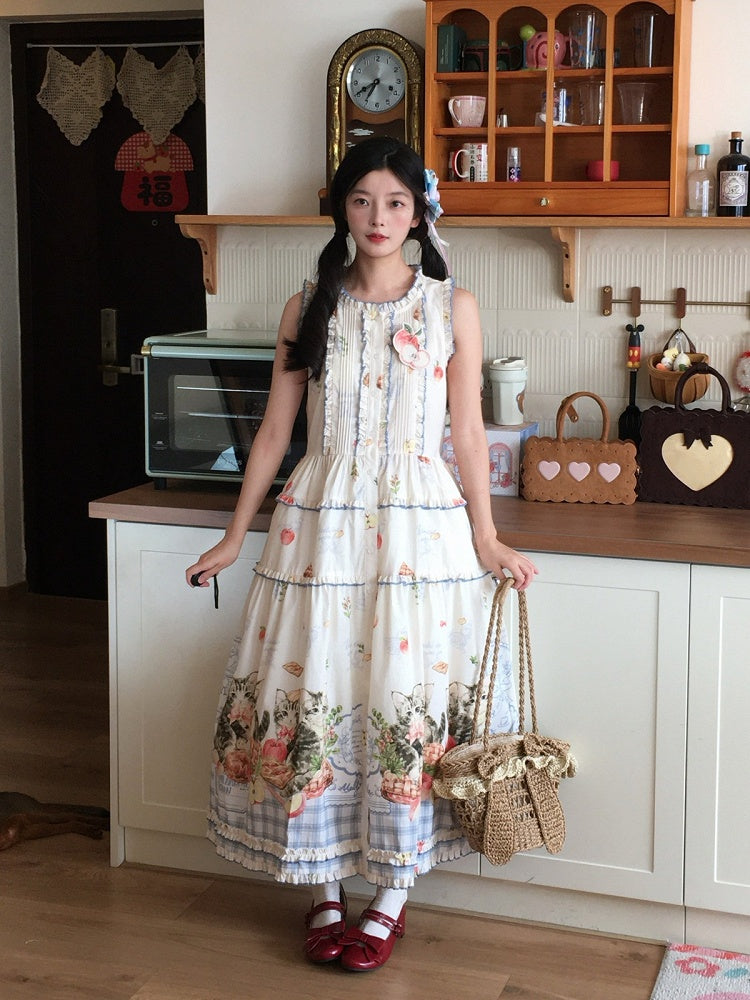 Kawaii Cat and Apple Design Cotton Sleeveless Dress in Short or Long Length