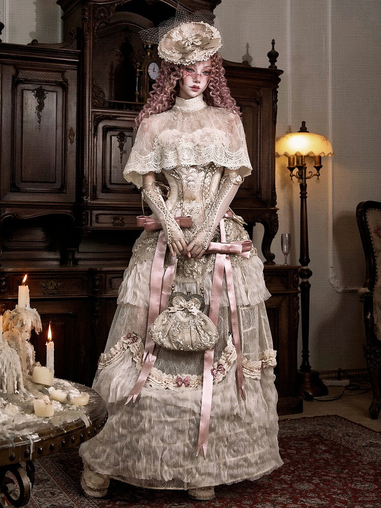 Lace Shawl Collar Cape Light Tassels Victorian Cream High Bead