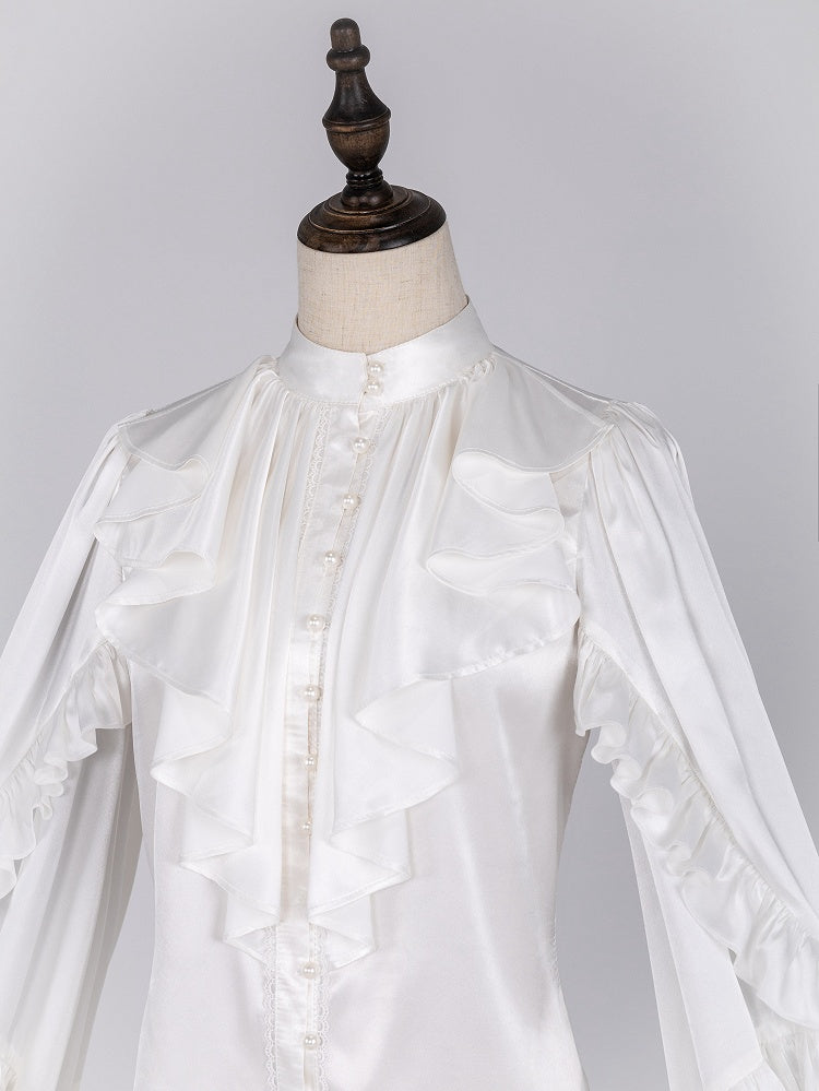 Elegant White Ruffled Bodice Shirt with Flounce Trim and Long Sleeves - DevilInspired Exclusive Collection
