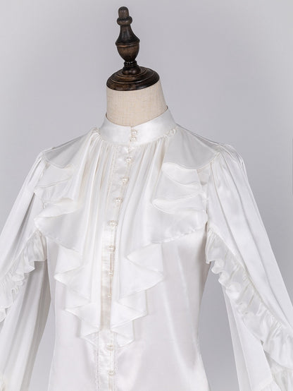 Elegant White Ruffled Bodice Shirt with Flounce Trim and Long Sleeves - DevilInspired Exclusive Collection