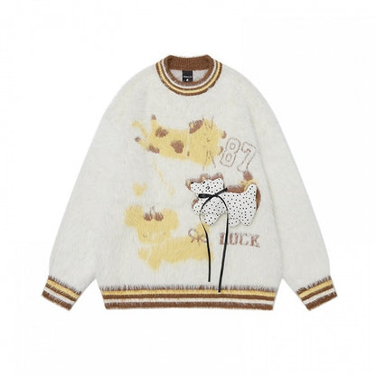 かわいい子犬が飾られたコーヒー/アプリコットの子犬柄ラウンドネックモヘアセーター