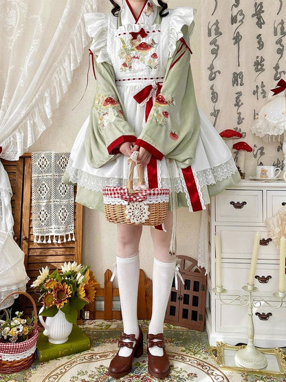 Neckline and Han Apron + Lolita Crossover Bunny Mushroom Green Embroidery OP