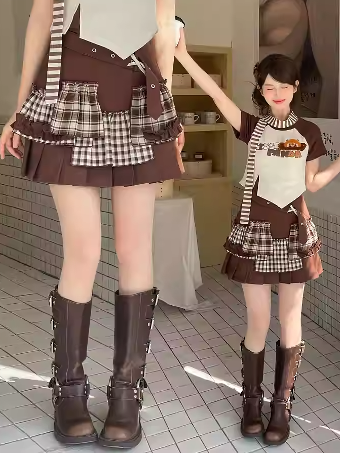 Plaid Patchwork Fashion Y2K Brown Pleated Skirt Millard