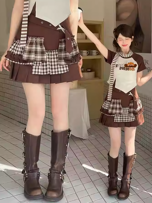 Plaid Patchwork Fashion Y2K Brown Pleated Skirt Millard