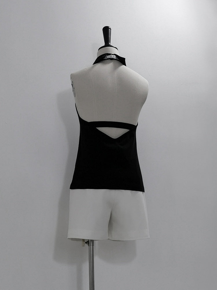 Neck Top with Wrist Black White Halter and Ouji Lolita Tie Sleeveless Cuffs