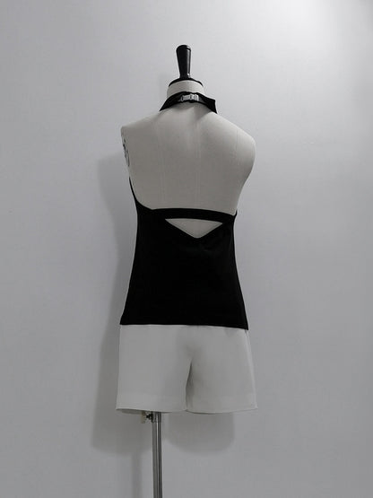 Neck Top with Wrist Black White Halter and Ouji Lolita Tie Sleeveless Cuffs