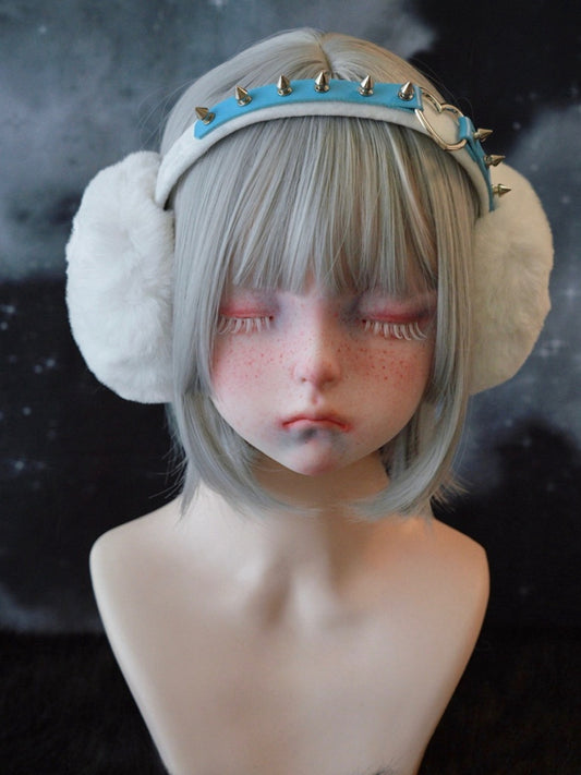 ホワイトハンドメイドハートリングスタッズプラッシュイヤーマフ