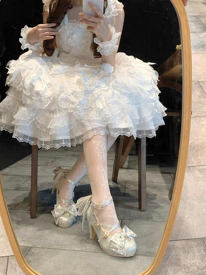 Sparkling Satin Silver 8.5cm High Heels with Crown Buckle and Bowknot - Aimee