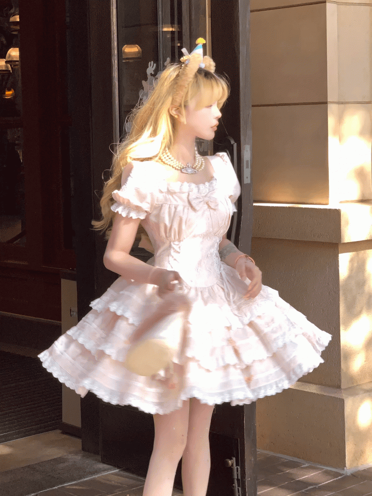 Sweet Waist Pink Ruffle Skirt Basque Triple-Tiered Lace-Up and with Sleeves Dress Puff