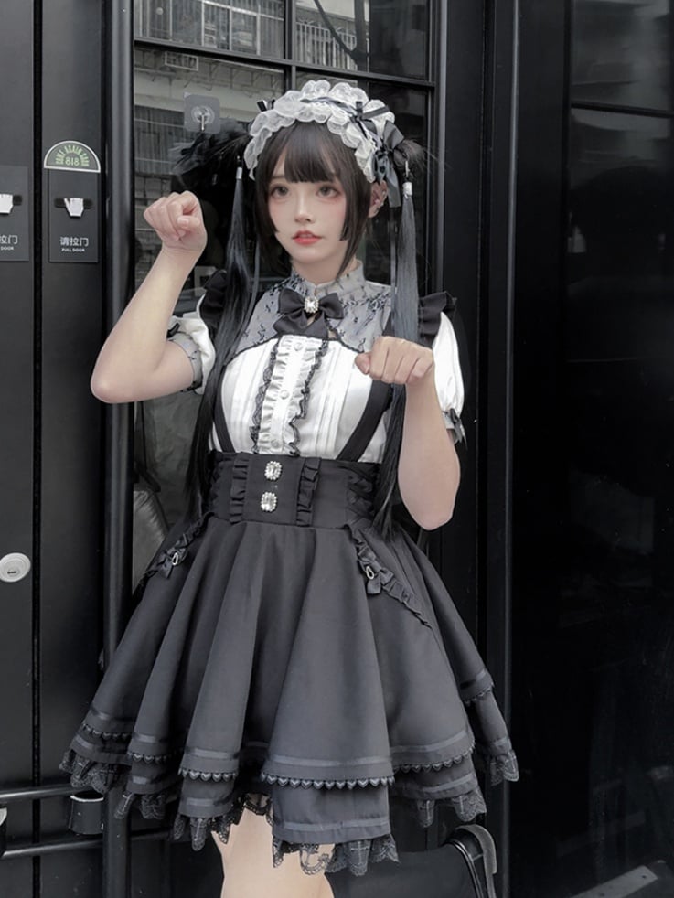 Tiered with at Back Skirt Sleeves Jirai Kei Black Overalls Embellished Bow Flutter Big Rhinestones