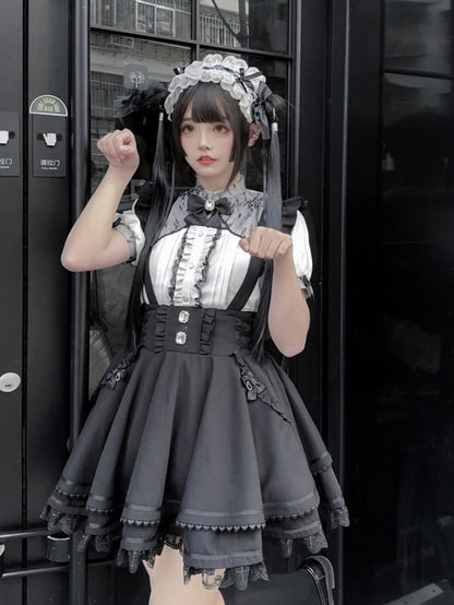 Tiered with at Back Skirt Sleeves Jirai Kei Black Overalls Embellished Bow Flutter Big Rhinestones