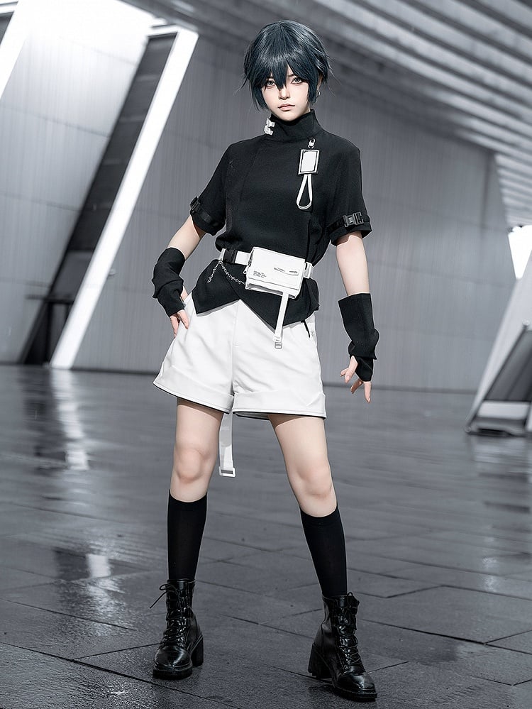 Futuristic Fashion Black High Short Ouji Top Sleeves Techwear Neck