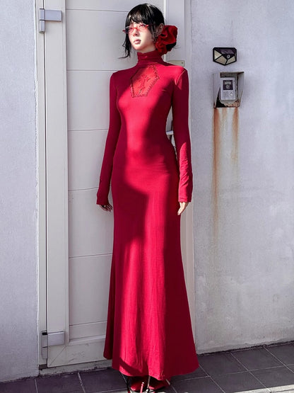 ゴシックレッドコフィンカットアウトクロスディテールハイネックマーメイドスカートマキシドレス