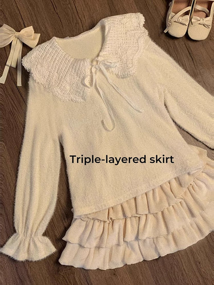 イエローのラウンドフラットカラーセーター+ホワイトカーディガン+ダブルトリプルレイヤー裏地付きスカート