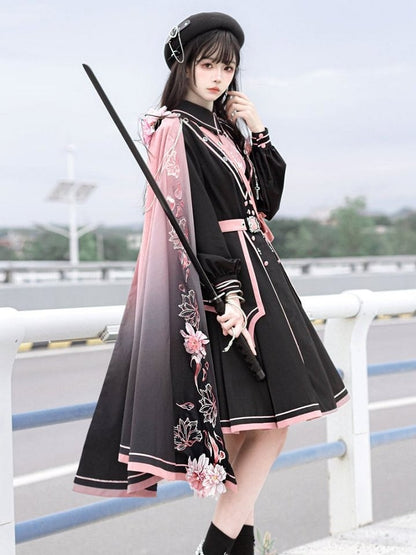3D Shoulder Accents One with Flower Pink Black to Gradient Print Cape