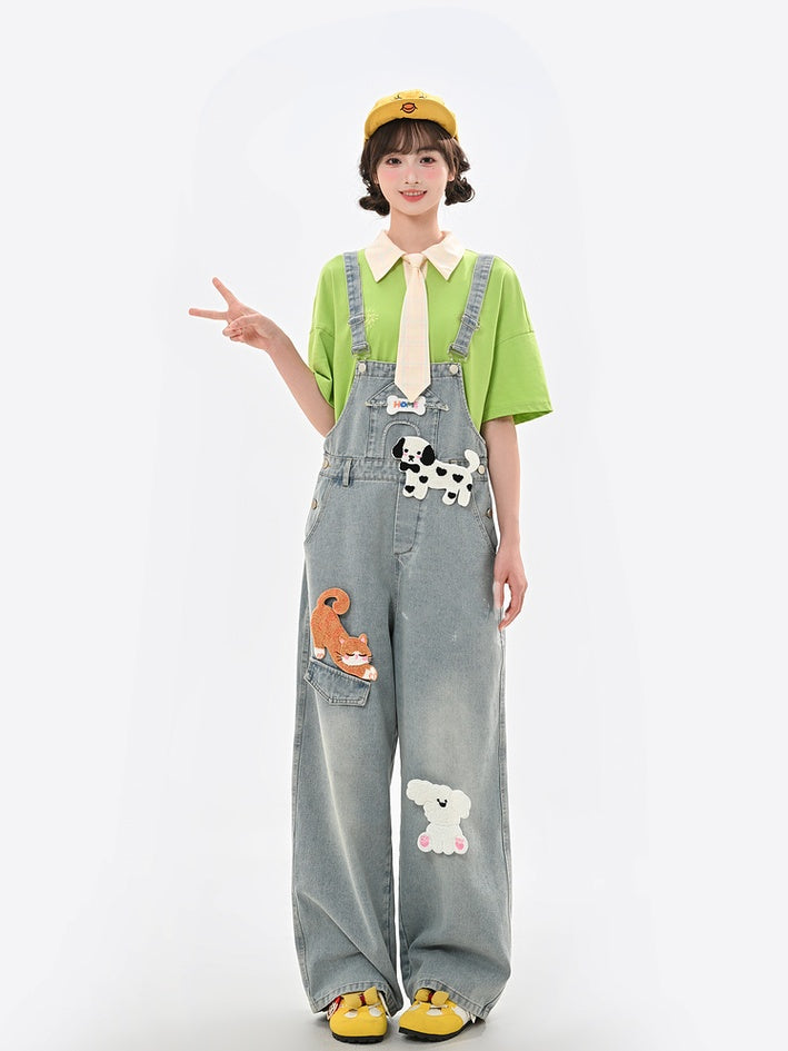 ライトブルーのハイウエストの愛らしい動物のアップリケデニムオーバーオール