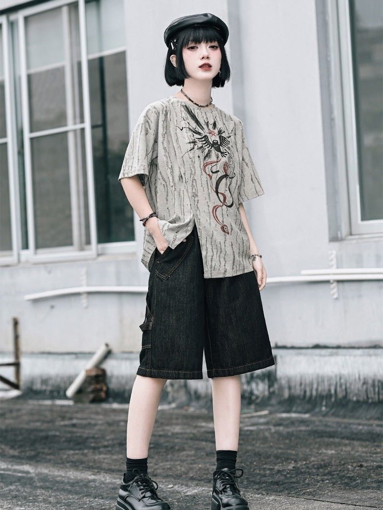 Gray Asymmetrical Short Sleeve T-Shirt with Print & Distress - Quirky Hut