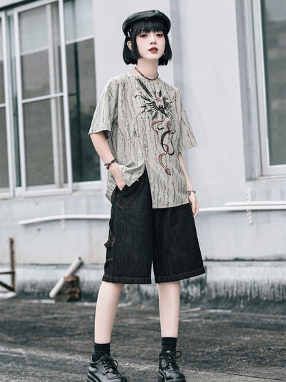 Gray Asymmetrical Short Sleeve T-Shirt with Print & Distress - Quirky Hut