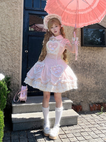 Lolita Dress Accents Pink Bow White with Applique Polka Dot Heart Sweet Sweetheart