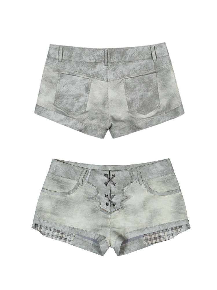 Patchwork Gray with PU Lace-Up Front Shorts Low-Rise Punk Adjustable
