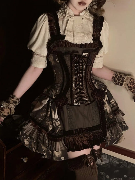 Pearl Boned Brown Gothic Shell Print with Short Ruffles Corset Lolita Dress and